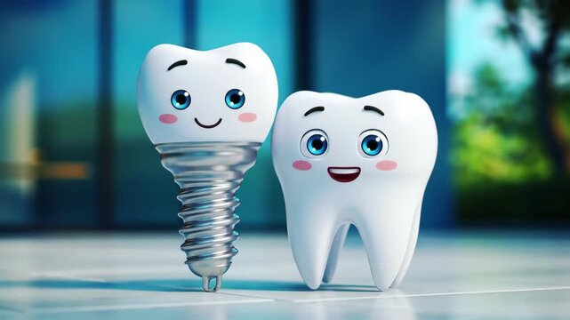 Animated Dental Duo: Tooth and Implant Companions Promoting Dental Health and Hygiene Awareness