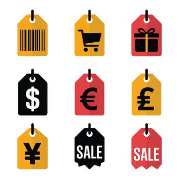 Currency and sale price tag icon collection with dollar euro yen symbols shopping discount retail flat vector illustration set