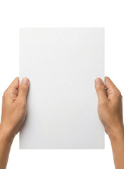 Obraz premium hands holding a blank white sheet of paper with isolated transparent background for creative