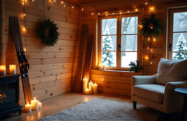 warm wooden cabin interior bathed soft golden light candles string lights surrounded vintage skis lush evergreen branches