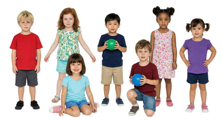Diverse group of preschool children standing and sitting with colorful balls isolated on