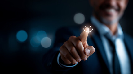 Customer satisfaction measurement visualization defocused service background improves experience builds loyalty enhances trust drives feedback representation client happiness