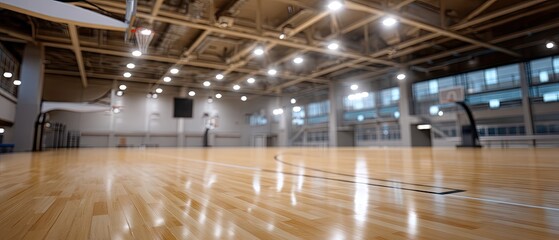 Fototapeta premium Indoor basketball court with shiny wooden floor and bright overhead lights in a spacious gym setting designed for sports activities