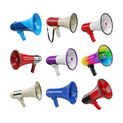 Collection of various colorful megaphones isolated on transparent background for communication