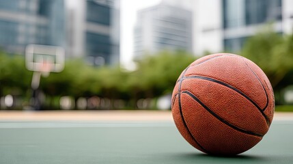 Close-up of a vibrant basketball on the court with space for design, perfect for sports competition and streetball promotion