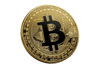 A closeup, 3d render of a golden bitcoin cryptocurrency coin, isolated on a transparent background, symbolizing digital finance and investment