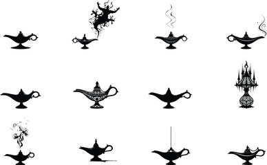 Collection of 12 blurry black and white genie lamp silhouettes with smoke