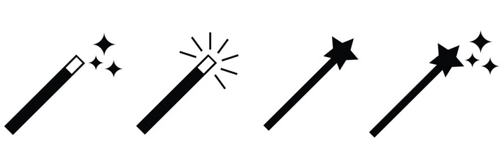 Magic Wand Icon Set &ndash; Sparkling Stars Wizard Tool in Editable Outline, Doodle and Flat Vector Style