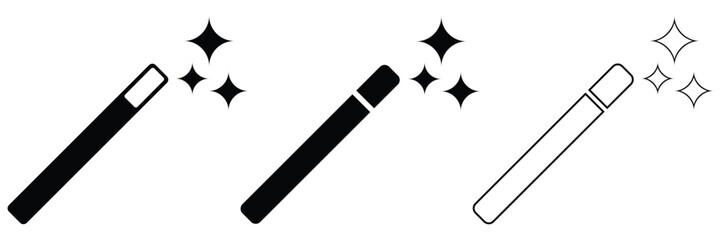 Magic Wand Icon Set &ndash; Sparkling Stars Wizard Tool in Editable Outline, Doodle and Flat Vector Style
