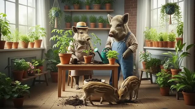 Whimsical Pig Family Gardening in a Sunny Greenhouse.