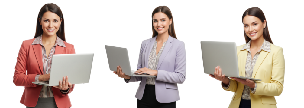 Diverse of young business women holding laptop isolated on white or transparent background - Powered by Adobe