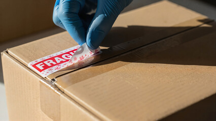 Hand placing fragile sticker on cardboard box for gift delivery