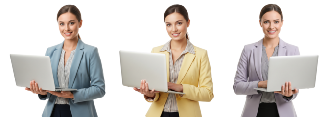 Diverse of young business women holding laptop isolated on white or transparent background