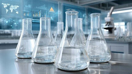 Laboratory setting with glass beakers and digital charts showcasing data analysis in a modern scientific environment