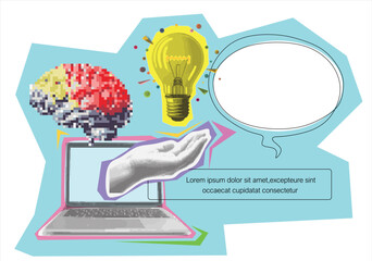 Creative collage with brain, laptop and writing hand in retro halftone style