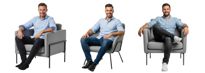 Diverse of young men sitting on chair isolated on white or transparent background