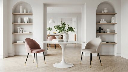 Elegant Dining Room Setup with Stylish Chairs and Table, Modern Home, Interior Design, Bright Environment, Wide Angle View