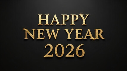 Obraz premium Opulent gold glitter 'Happy New Year 2026' text with a sparkling effect on a dark, textured background.