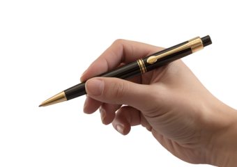 Human hand holding elegant black and gold ballpoint pen writing instrument stationery isolated on transparent background for business