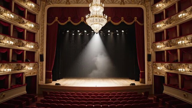 Zoom out dolly shot of empty theater stage under spotlights. Revealing grand auditorium with red seats and chandelier. Elegant performance venue interior concept.