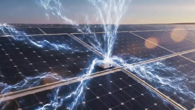Solar panels with glowing energy flow animation, clean environment,