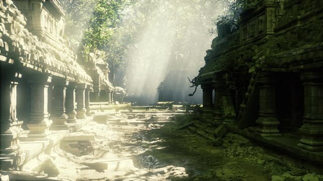 sunlit ruined courtyard flooded with light, colonnades and pillars create rhythmic shadows across reflective pools, mist rises through foliage, overgrown moss