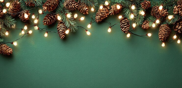 christmas lights, garland, and pine cones on a green background with copy space for text. - Powered by Adobe