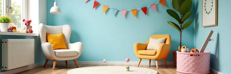 warm childhood captured wide shot brightened room soft focus featuring blue wall adorned vibrant garlands