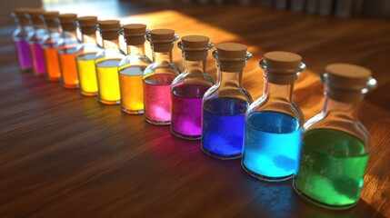 Row of Glass Reagent Bottles with Vibrant Colored Liquids