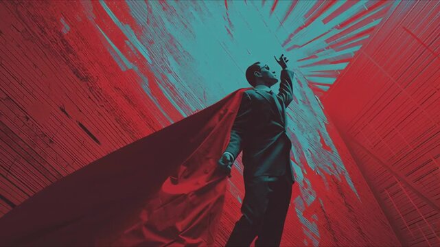 Heroic Man in a Red Cloak Celebrating Victory and Demonstrating His Superiority, Powerful Pose, Dramatic Light, Epic Cinematic Style, Symbol of Triumph and Strength for Visual Storytelling
