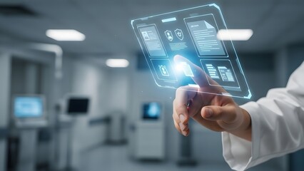 Medical professional interacts with futuristic digital interface showing patient records