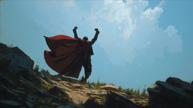 Heroic Man in a Red Cloak Celebrating Victory and Demonstrating His Superiority, Powerful Pose, Dramatic Light, Epic Cinematic Style, Symbol of Triumph and Strength for Visual Storytelling