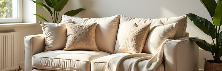 warm inviting living room scene featuring plush beige sofa intricately patterned pillows soft throw blanket bathed gentle