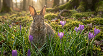 Wild rabbit sitting in spring meadow with blooming flowers