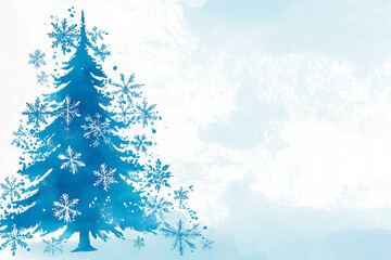 Watercolor Christmas tree silhouette with decorative snowflakes, light winter background, open area for design..