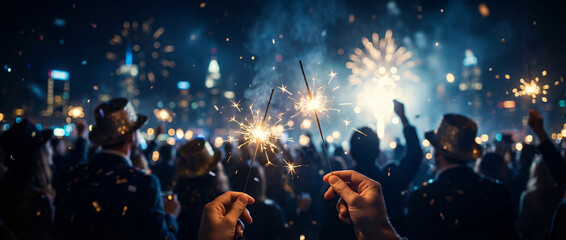 Celebration in the City: Crowd Watching Fireworks on New Year's Eve with Sparklers