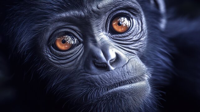 A close-up photograph showcases the detailed facial features of a primate, highlighting its expressive eyes and textured skin, creating a captivating portrait of the animal