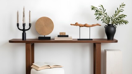 Curated modern console table decor showcasing a sleek candelabra, abstract wooden sculpture, minimalist metal disk, and fresh olive branches, enhancing a contemporary home design