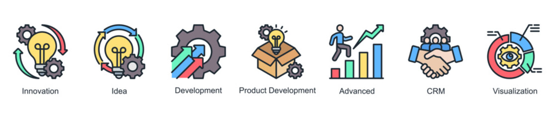 Innovation and development web banner icon vector illustration for creative growth with innovation, ideas, visualization, advanced tools, CRM, and product development icons.