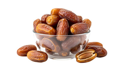 A clear glass bowl filled with numerous brown dates on a white background several scattered around