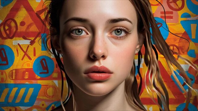 Serene Close-Up Portrait of a Calm Young Woman with Closed Eyes Against a Chaotic Wallpaper of Flashing Warning Symbols, Sirens and Alert Icons, Emotional Contrast, Conceptual Cinematic Visual