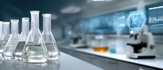 Laboratory equipment with double exposure featuring clear beakers and digital charts on a blue background to highlight trust and technology
