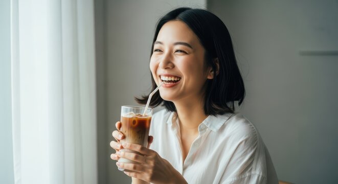 Joyful young woman with a refreshing iced coffee by the window