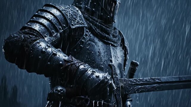 Knight in medieval armor stands firm in thunderstorm. Cinematic slow-motion orbit captures warrior enduring rain and lightning strikes. Dramatic fantasy scene of bravery and storm.