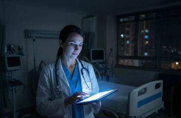 Female doctor in a white coat and stethoscope using a digital tablet in a dark hospital room at night with medical equipment in the background.