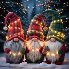 holiday gnome trio, pine tree setting, and warm, cheerful atmosphere &mdash; ideal for winter-themed storytelling, digital decor, or curated festive collections.