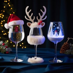 Whimsical Christmas arrangement with pinecones, a lit Christmas tree backdrop, and three uniquely styled glasses for seasonal charm.