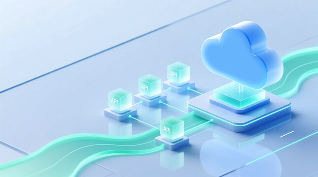A business cloud diagram illustrates modern API architecture layouts on a clean commercial background for technology and SaaS presentations with soft flow lines