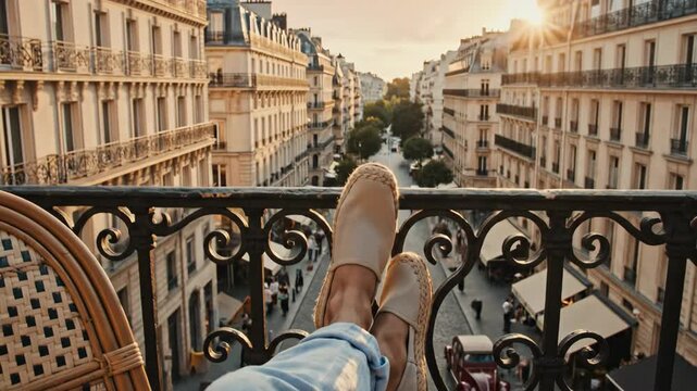 A person relaxing with feet up on a balcony overlooking a Paris street. POV shot enjoying the city view at sunset. European travel and vacation lifestyle