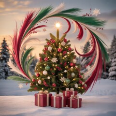 Raster artwork showcasing green pine branches, hanging snowflakes, and sunset lighting &mdash; suitable for festive packaging, editorial features, or emotional seasonal content.